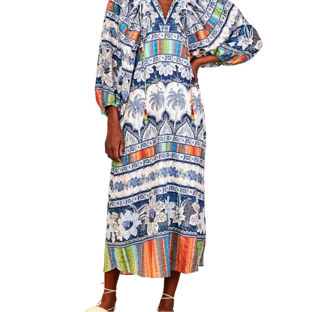 SOLD - FARM Rio Blue and Orange Patterned Midi Dress - Picture 2 of 3
